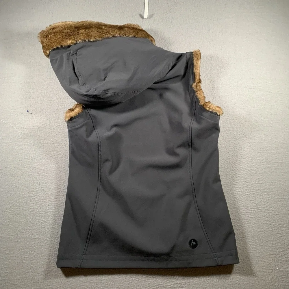 Marmot Women's Furlong Vest Full Zip Fur Lined Hooded Charcoal Gray Pockets M‎